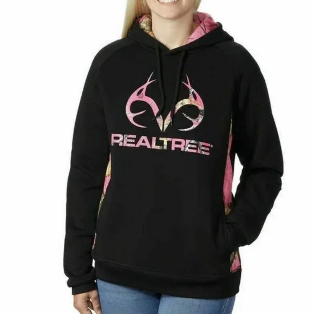 Realtree Women’s Sweatshirt Hoodie Camo Pullover Pockets --Black Pink